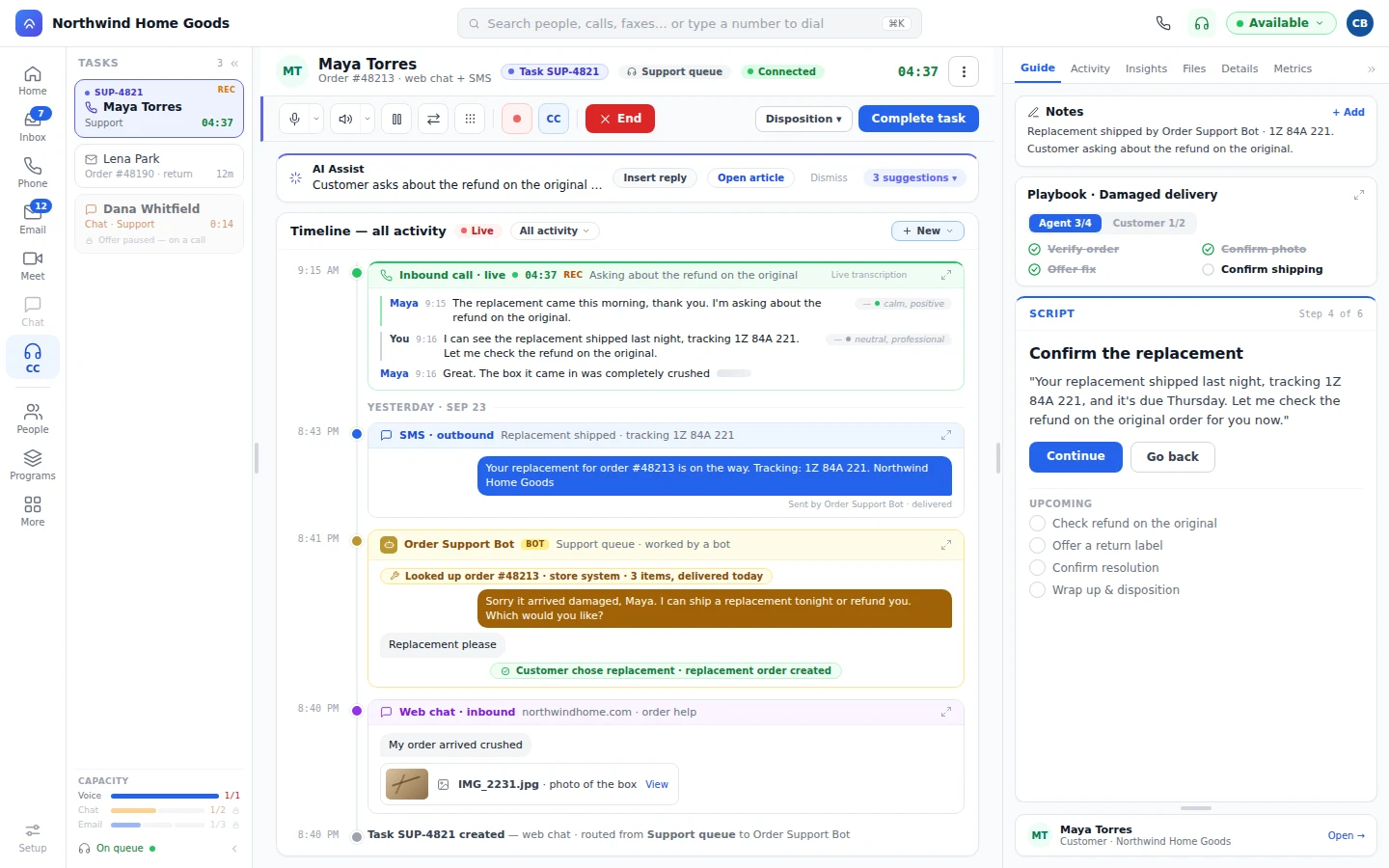 A support task with the customer’s photo of the damaged box and the replacement set up on the same task