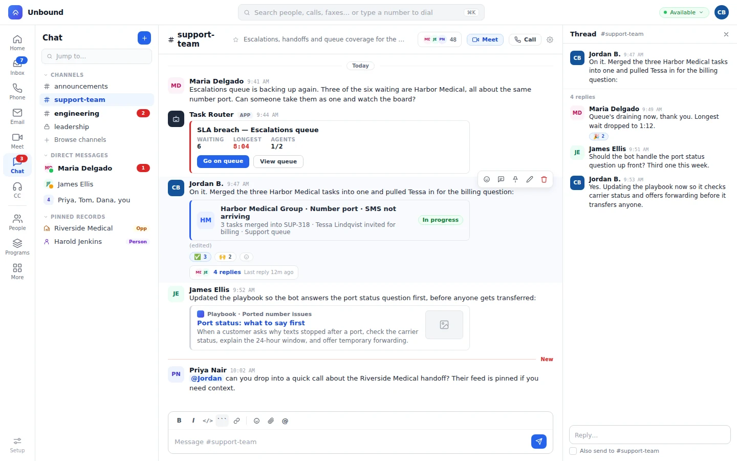 A team channel with a queue alert and a threaded reply