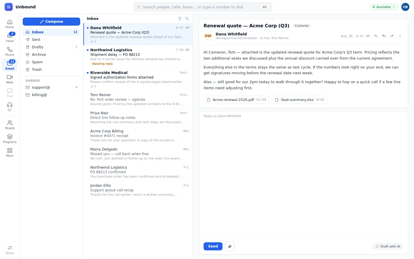 Email in Unbound: an inbox with shared support@ and billing@ and a renewal quote thread open