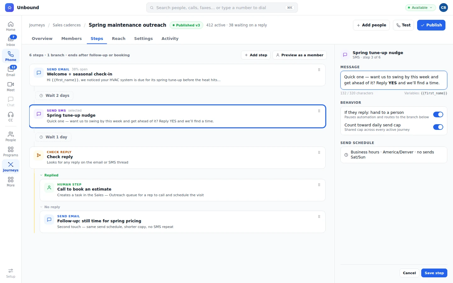 Journey step list with send email, wait, send SMS, and a reply-check step