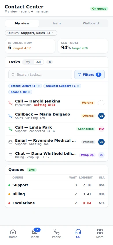 Contact center tasks on a phone