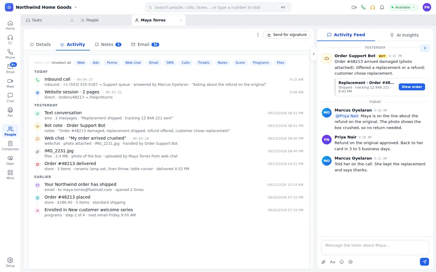 Customer timeline with the web chat, the order, and a program enrollment