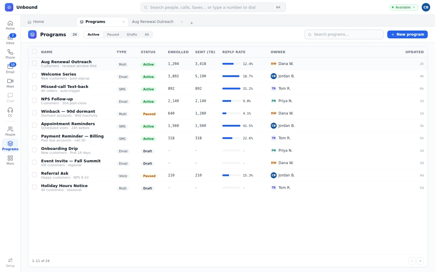 Programs side by side with enrollment, sends, reply rate, and owner