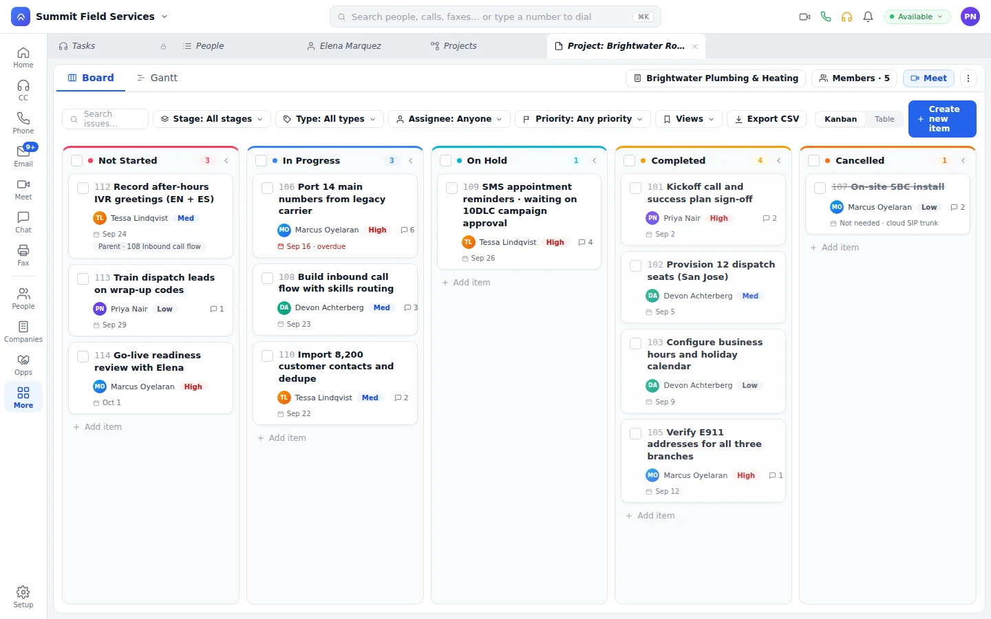 A shared rollout project board with tasks by stage