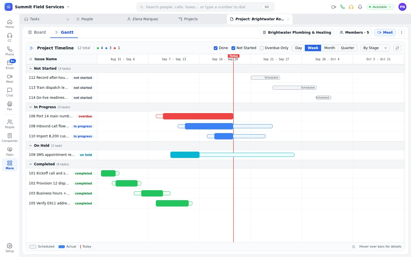 Project timeline with overdue, in-progress, and completed items