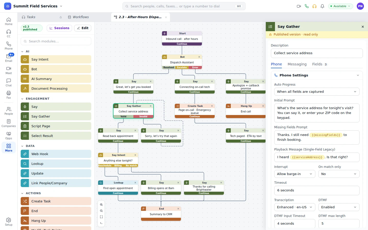 Step settings panel on a published workflow version